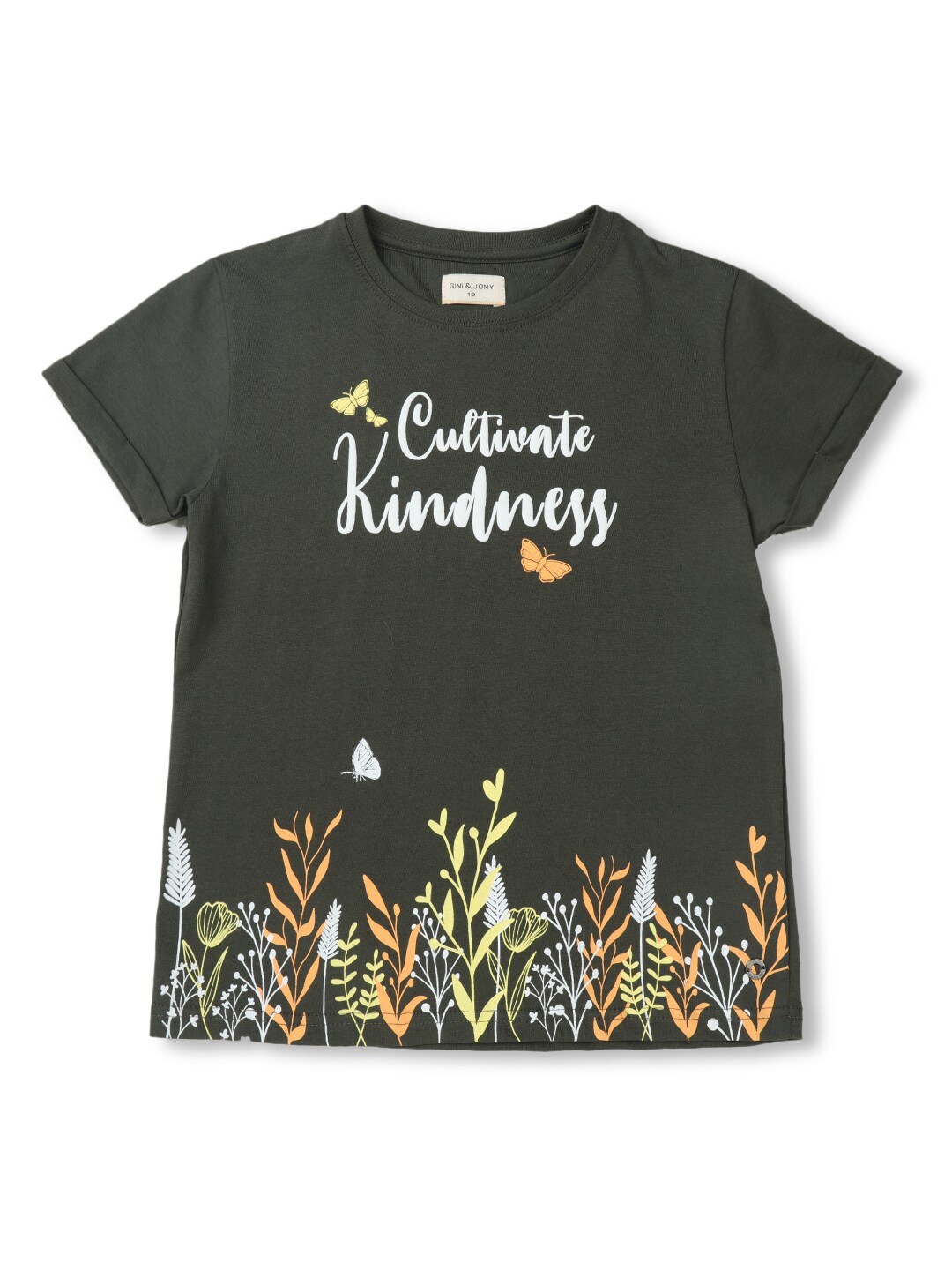

Gini and Jony Girls Typography Printed Round Neck Cotton T-Shirt, Olive