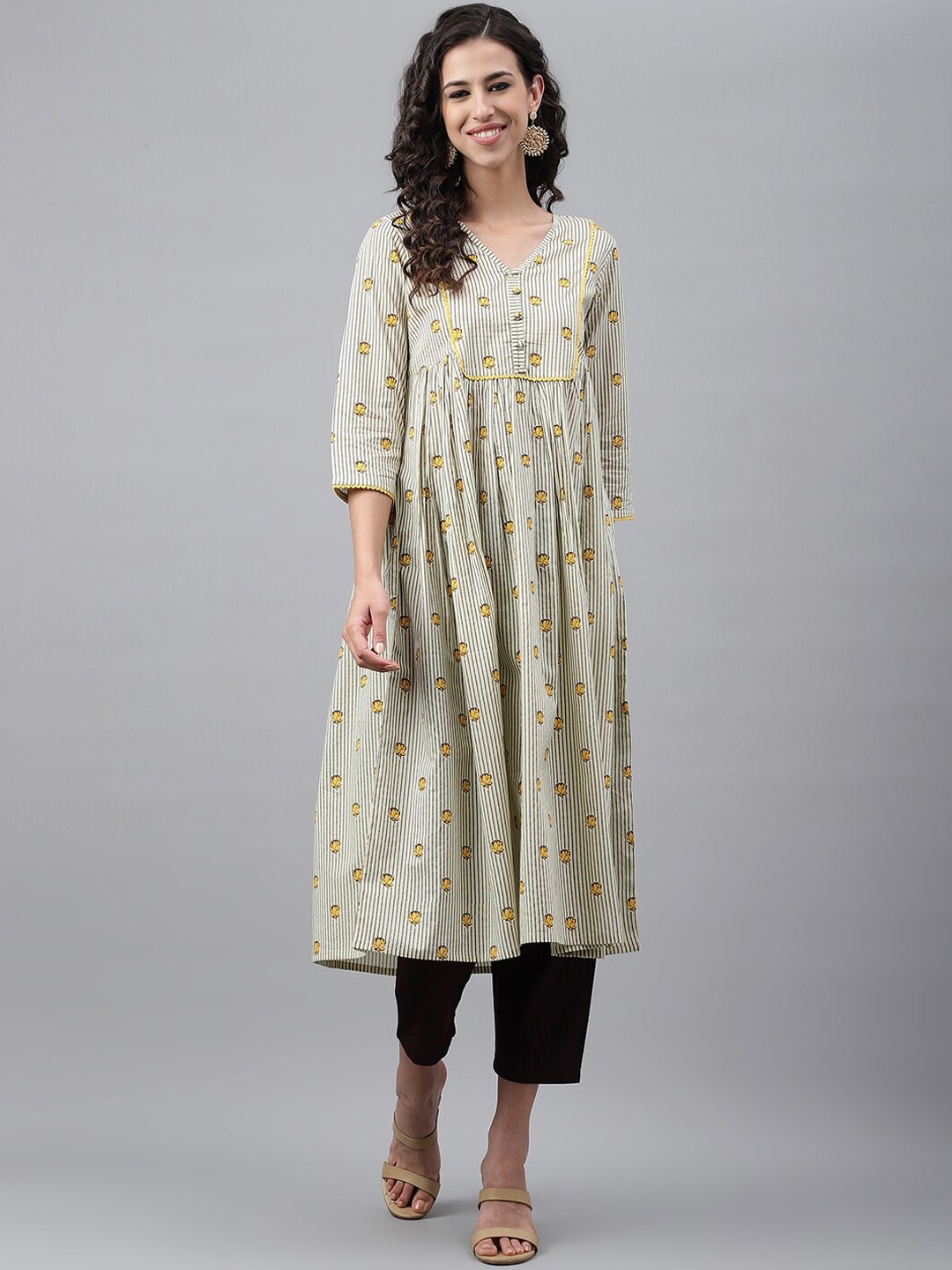 

Janasya Yellow Floral Printed Pure Cotton Anarkali Kurta