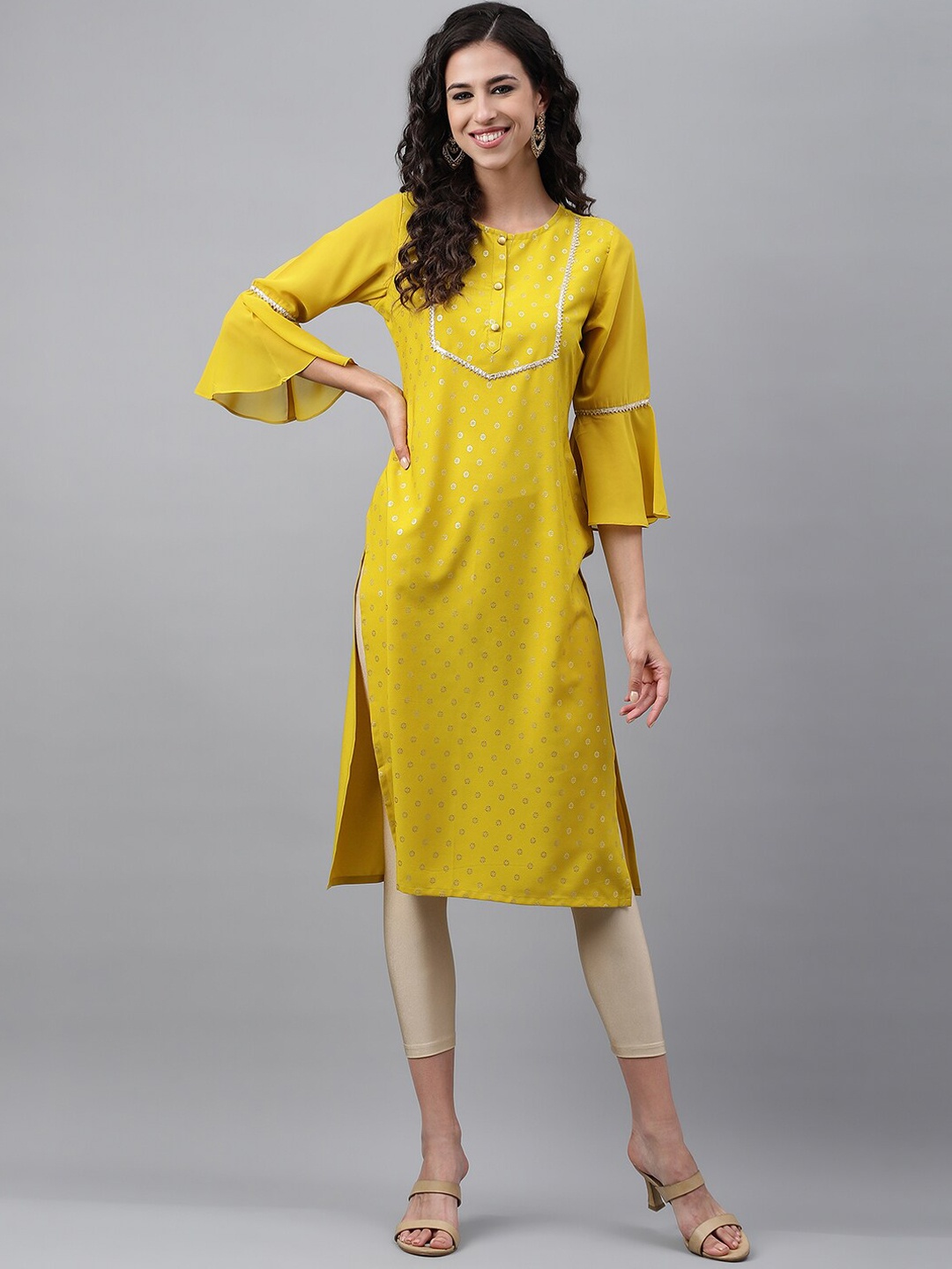

Janasya Yellow Floral Printed Gotta Patti Crepe Kurta
