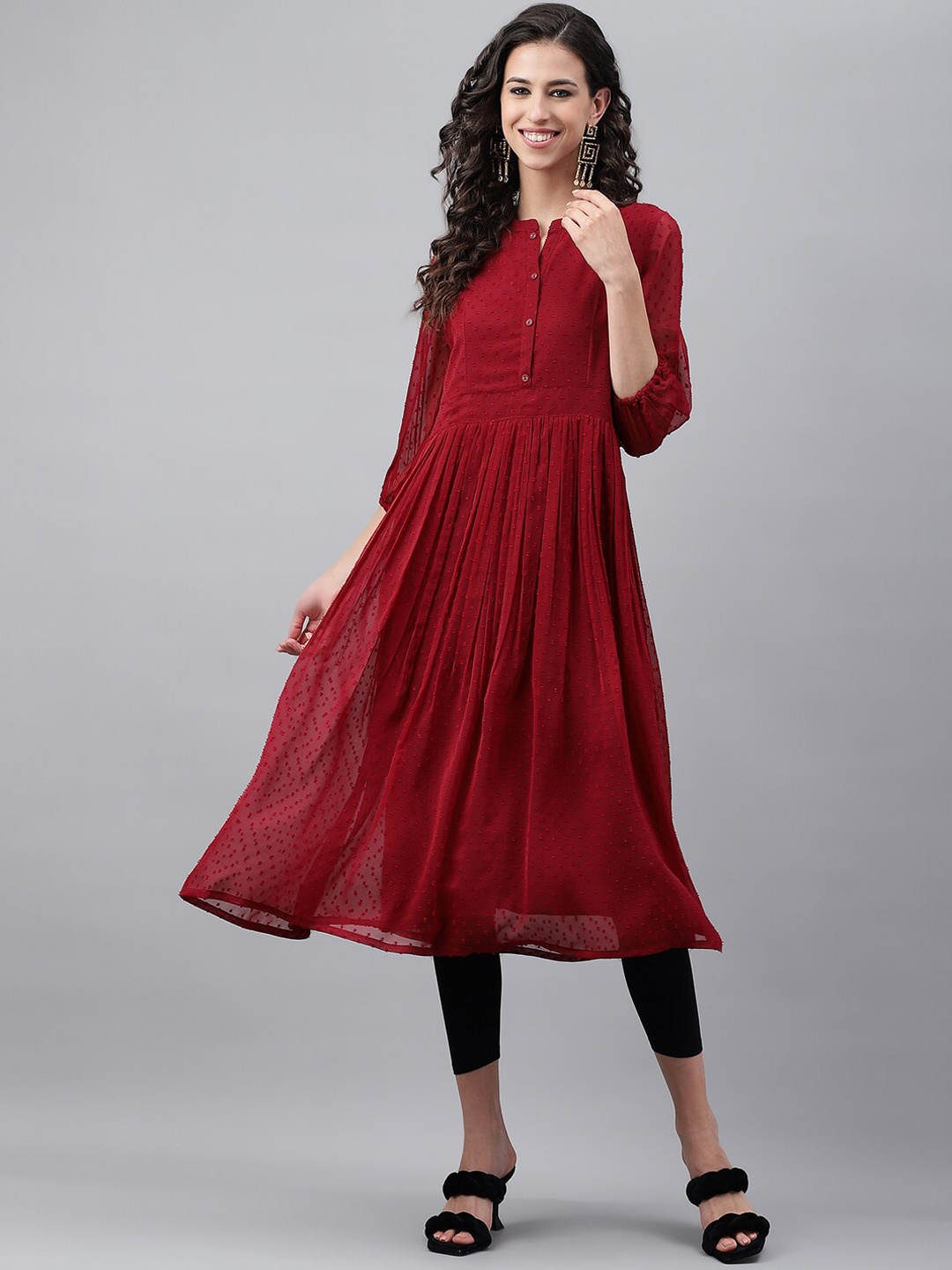 

Janasya Maroon Mandarin Collar Self Design A-Line Kurta