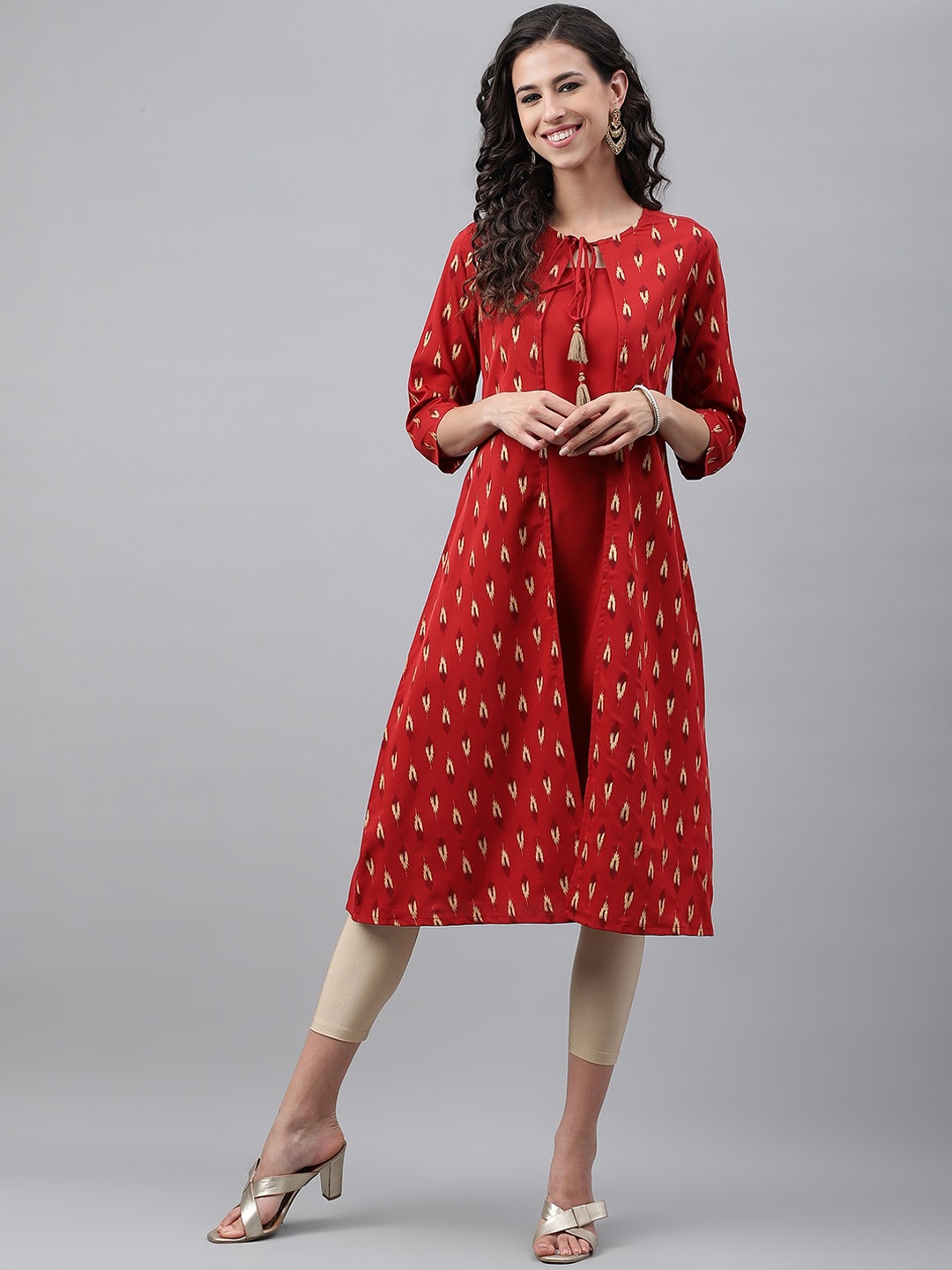 

Janasya Red Ethnic Motifs Printed Layered A-Line Crepe Kurta