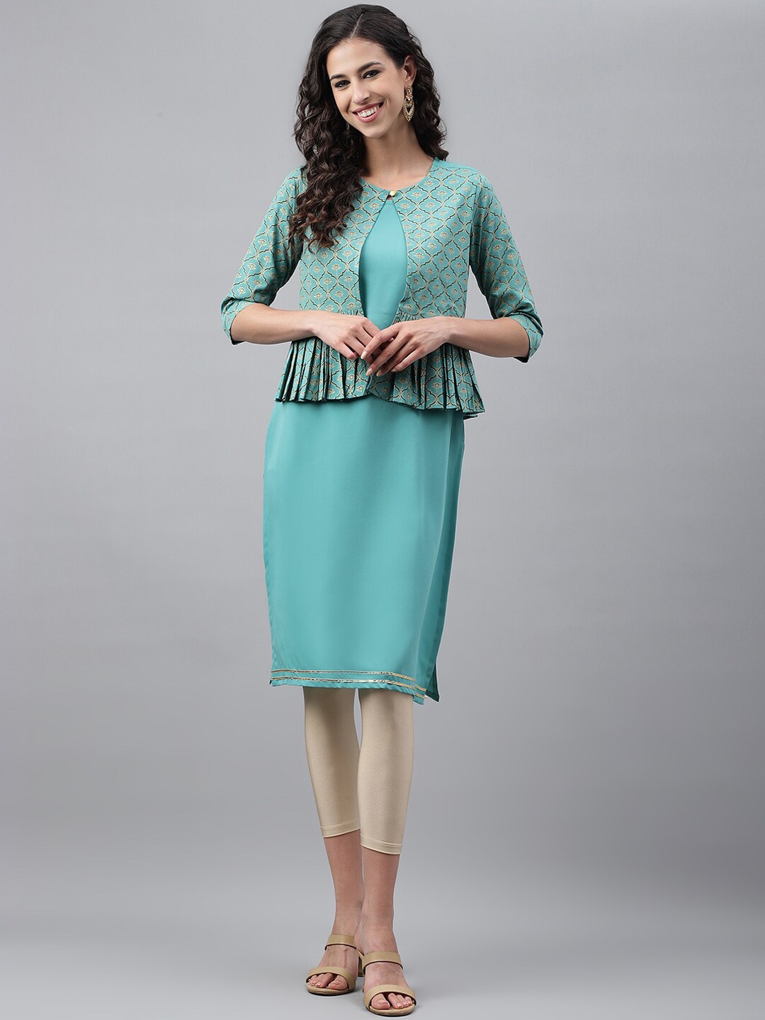 

Janasya Green & Beige Ethnic Motifs Printed Jacket Style Layered Crepe Kurta
