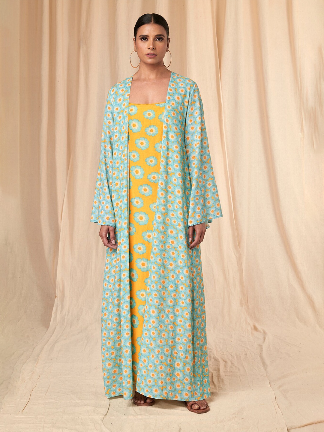 

Masaba Floral Print Flared Sleeve Linen Maxi Dress With Long Shrug, Yellow