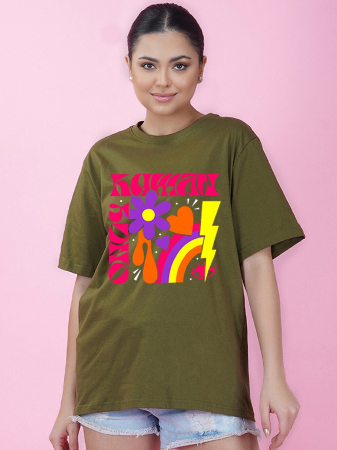 

NUSYL Typography Printed Drop-Shoulder Sleeves Oversize T-shirt, Olive