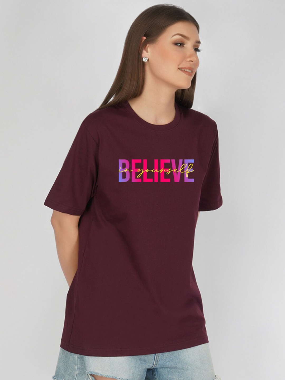 

NUSYL Typography Printed Drop-Shoulder Oversize T-shirt, Maroon