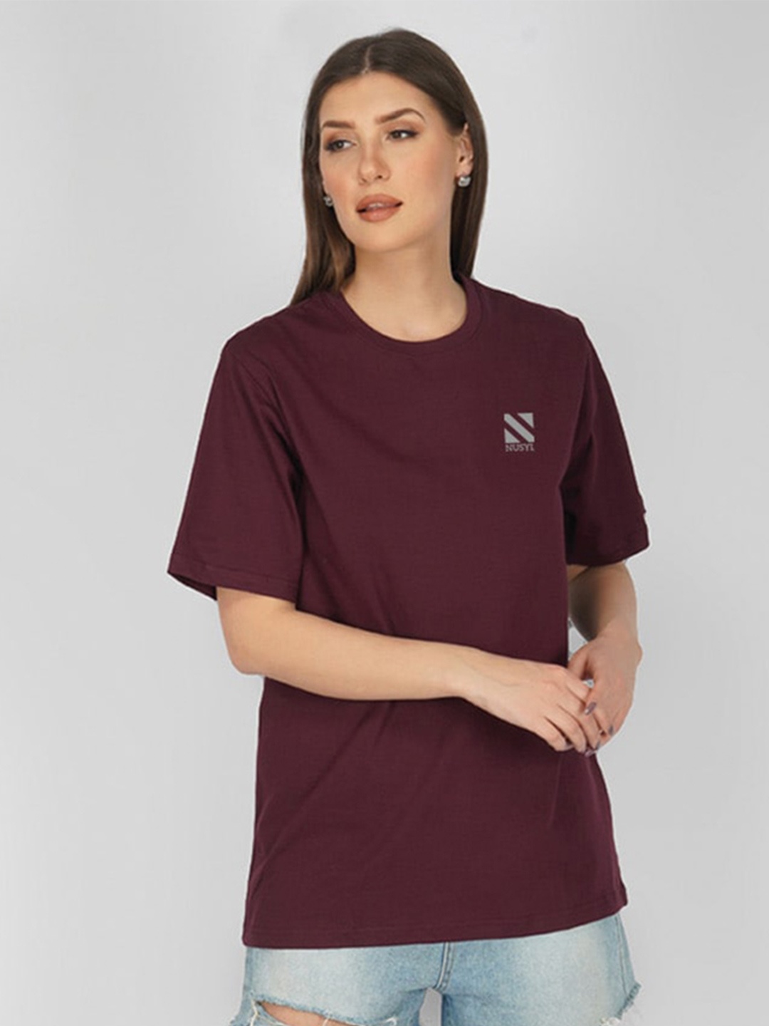 

NUSYL Graphic Printed Oversized Cotton T-shirt, Maroon