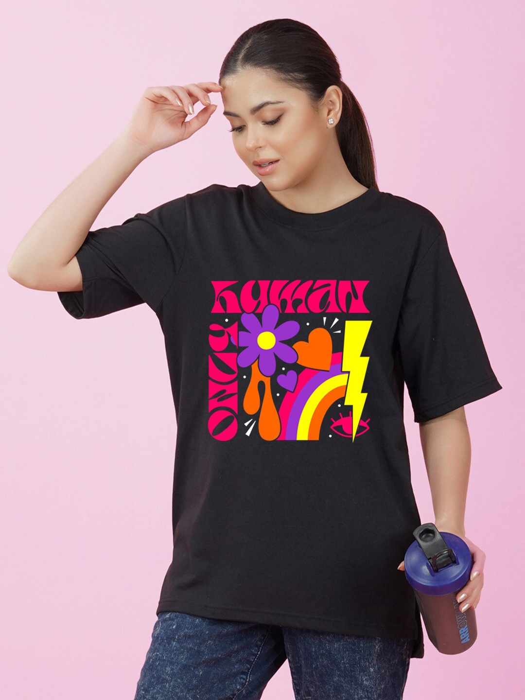 

NUSYL Graphic Printed Oversized Cotton T-shirt, Black