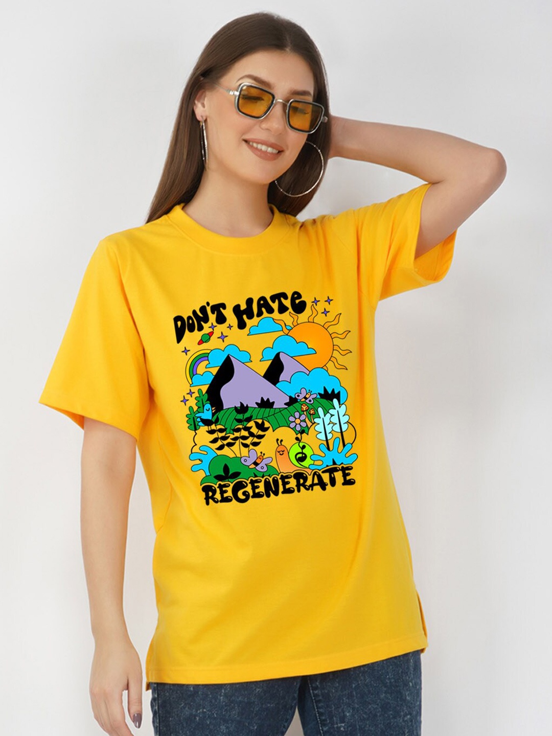 

NUSYL Graphic Printed Oversized Cotton T-shirt, Yellow