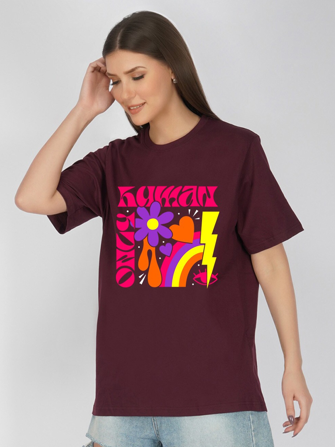 

NUSYL Graphic Printed Oversized Cotton T-shirt, Maroon