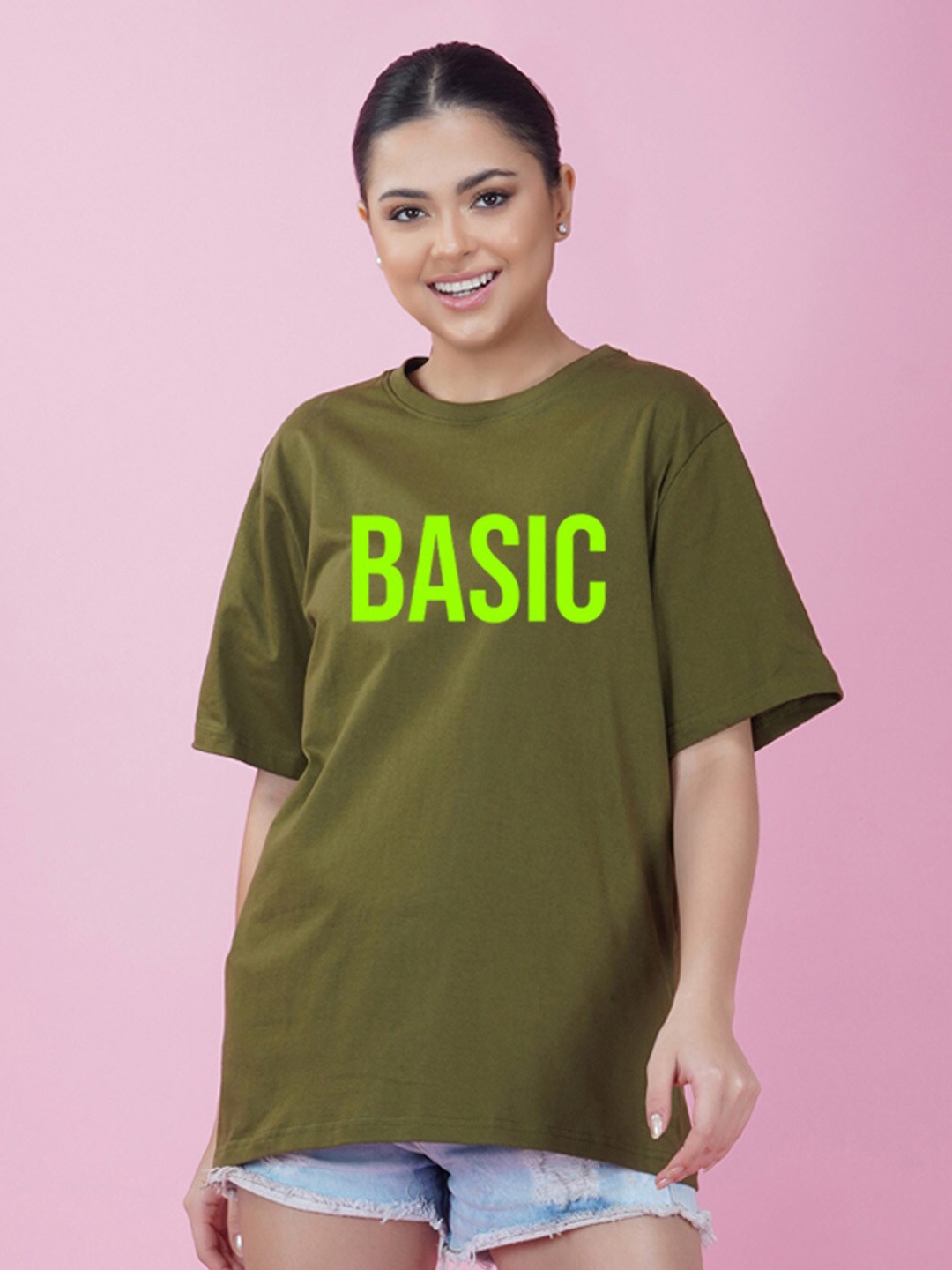 

NUSYL Typographic Printed Drop Shoulder Sleeves Oversize Fit T-shirt, Olive