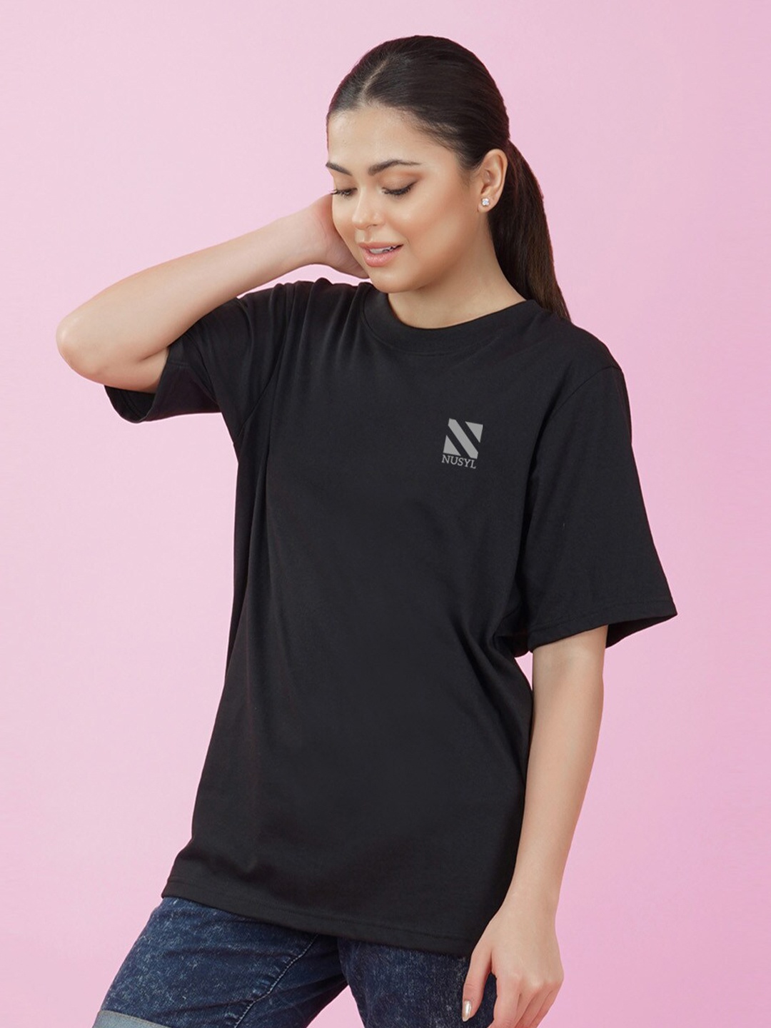 

NUSYL Round Neck Drop Shoulder Sleeves Oversize Fit T-shirt, Black