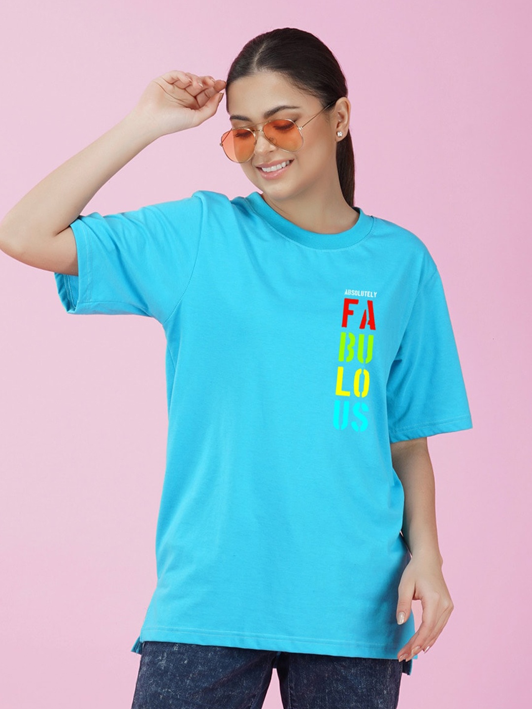 

NUSYL Typography Printed Drop-Shoulder Sleeves Oversize Fit T-shirt, Blue