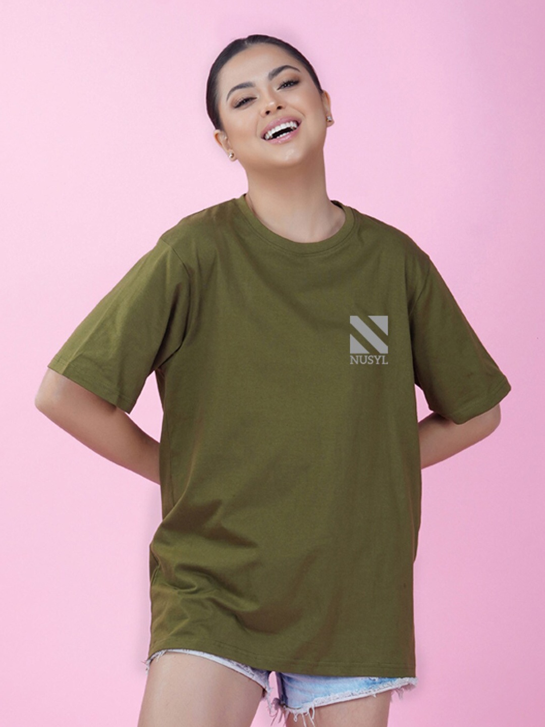 

NUSYL Round Neck Drop Shoulder Sleeves Oversize Fit T-shirt, Green