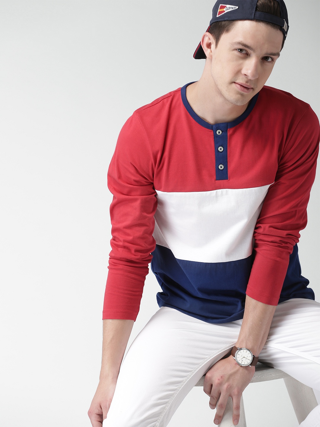 

Harvard Men Red & Navy Colourblocked Henley Neck T-shirt