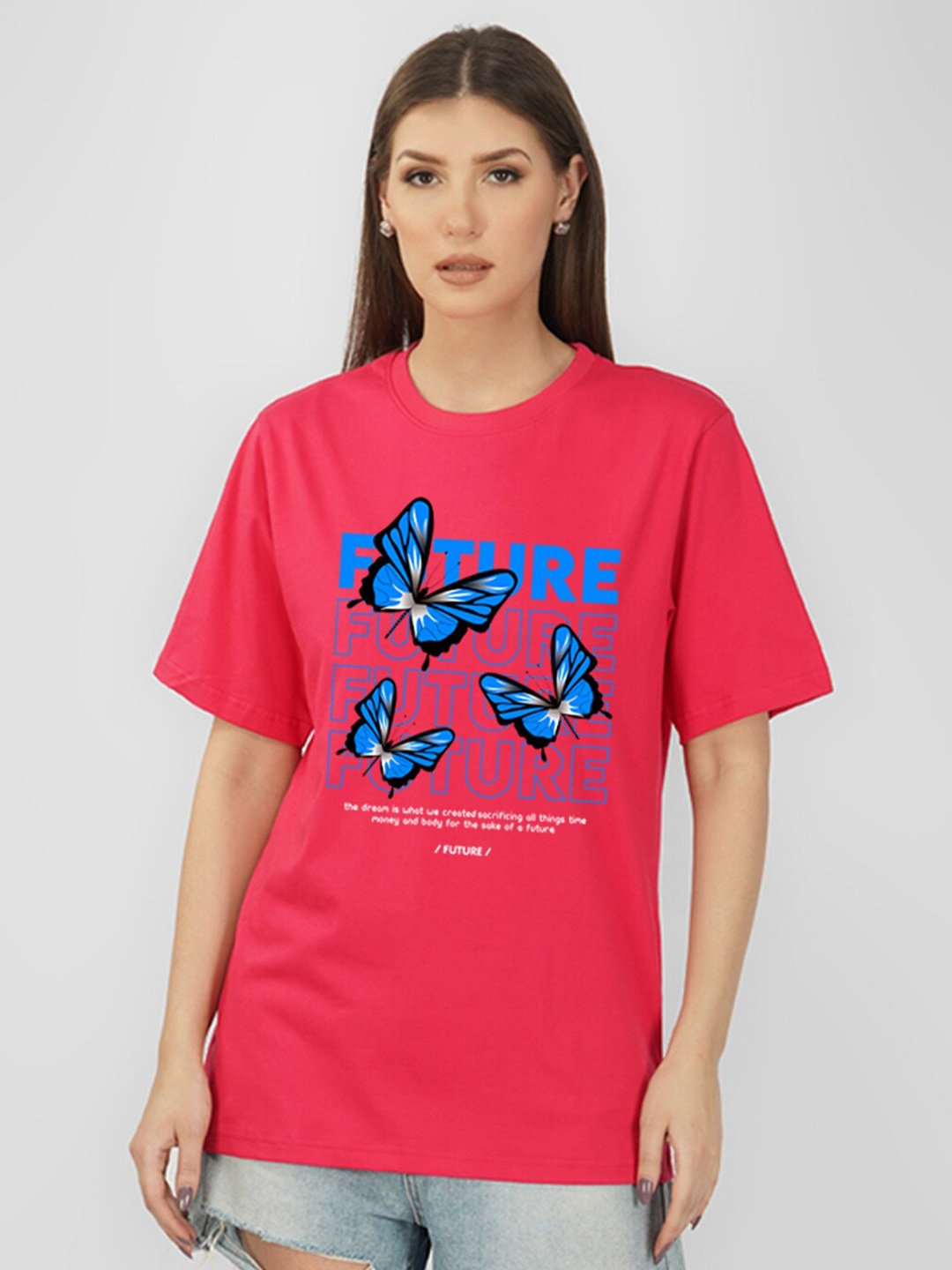 

NUSYL Graphic Printed Drop Shoulder Sleeves Oversize Fit T-shirt, Pink
