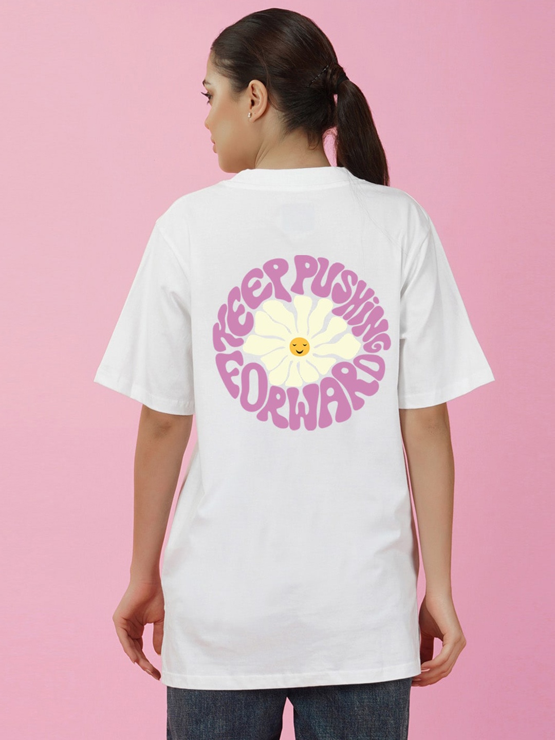 

NUSYL Typography Printed Drop Shoulder Sleeves Oversize Fit T-shirt, White
