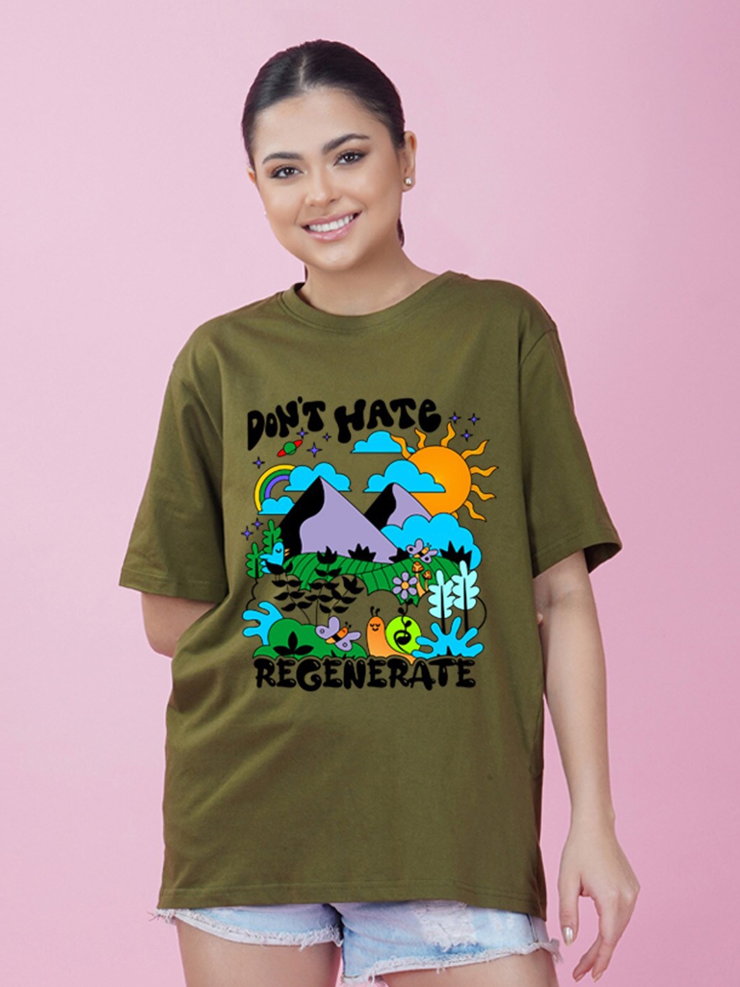 

NUSYL Graphic Printed Drop Shoulder Sleeves Oversize Fit T-shirt, Green