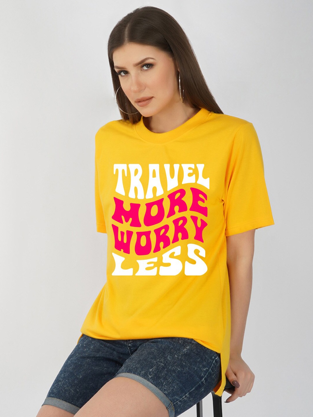 

NUSYL Typography Printed Drop Shoulder Sleeves Oversize Fit T-shirt, Yellow