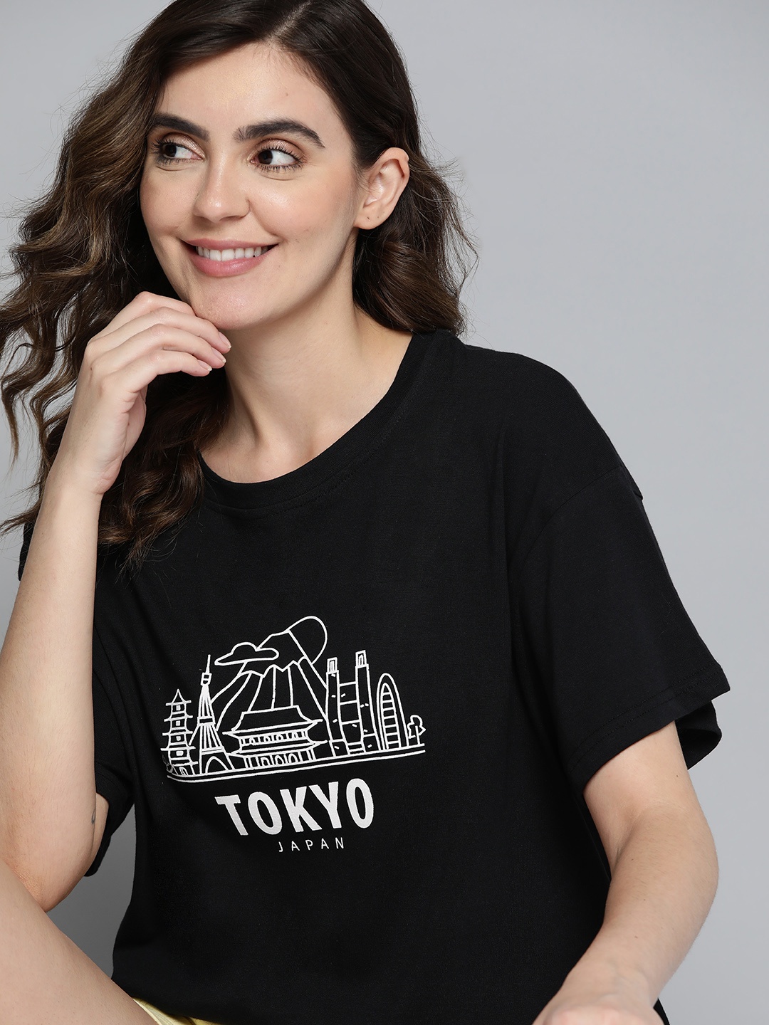 

Mast & Harbour Women Printed Pure Cotton T-shirt, Black