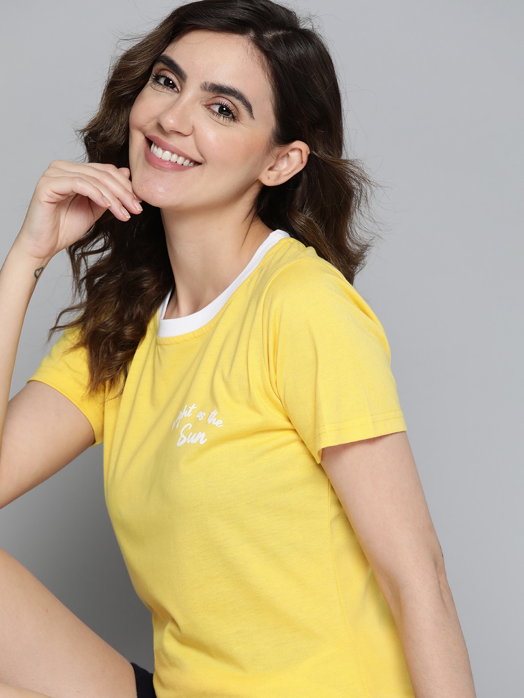 

Mast & Harbour Women Typography Printed Pure Cotton T-shirt, Yellow