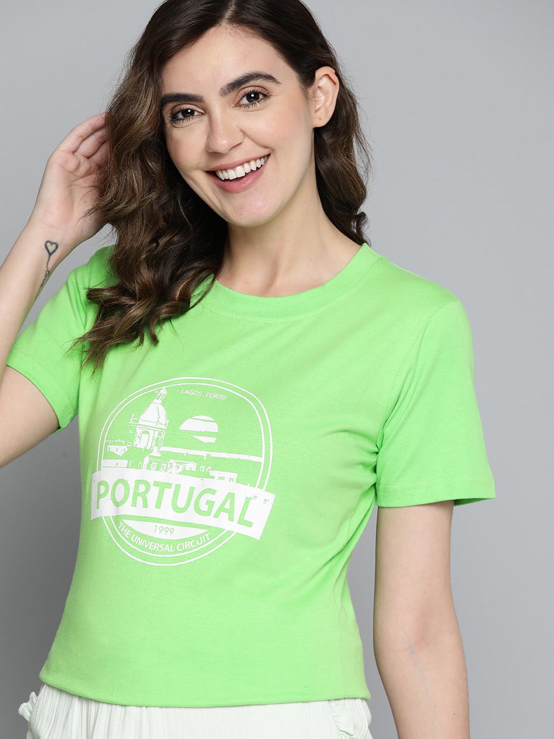 

Mast & Harbour Women Printed Cotton T-shirt, Green