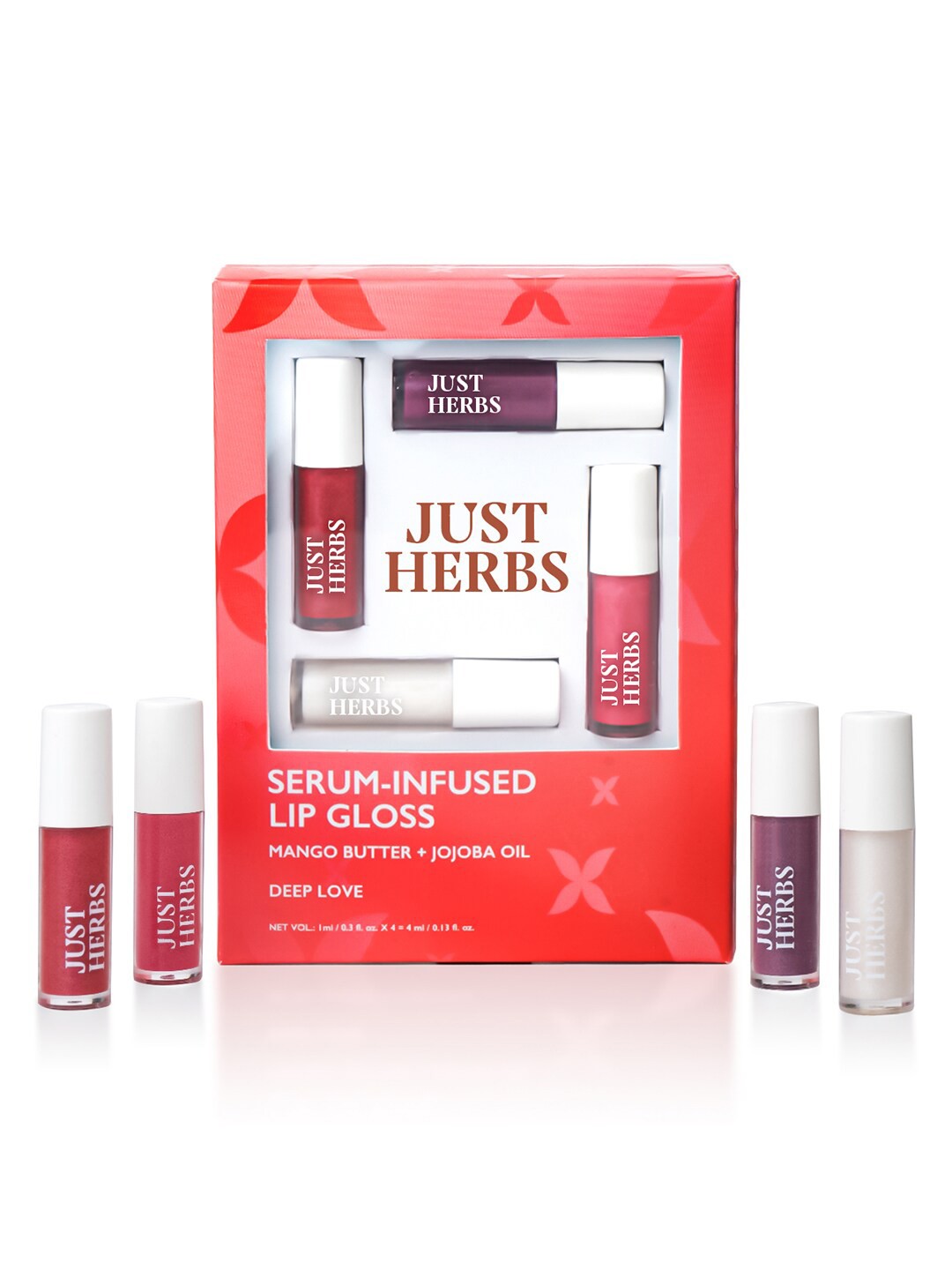 

Just Herbs Set Of 4 Smooth & Shiny Serum Infused Lip Glosses-1ml Each- Deep Love, White