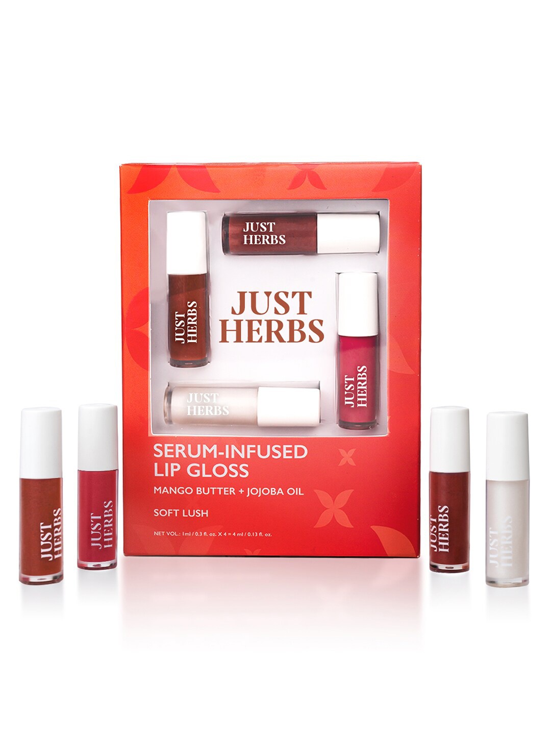 

Just Herbs Set Of 4 Smooth & Shiny Serum Infused Lip Glosses-1ml Each- Soft Lush, White