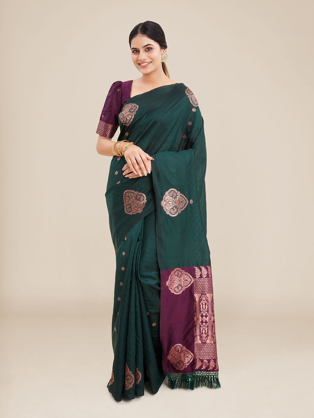 

Kalyan Silks Green & Purple Woven Design Zari Art Silk Banarasi Saree