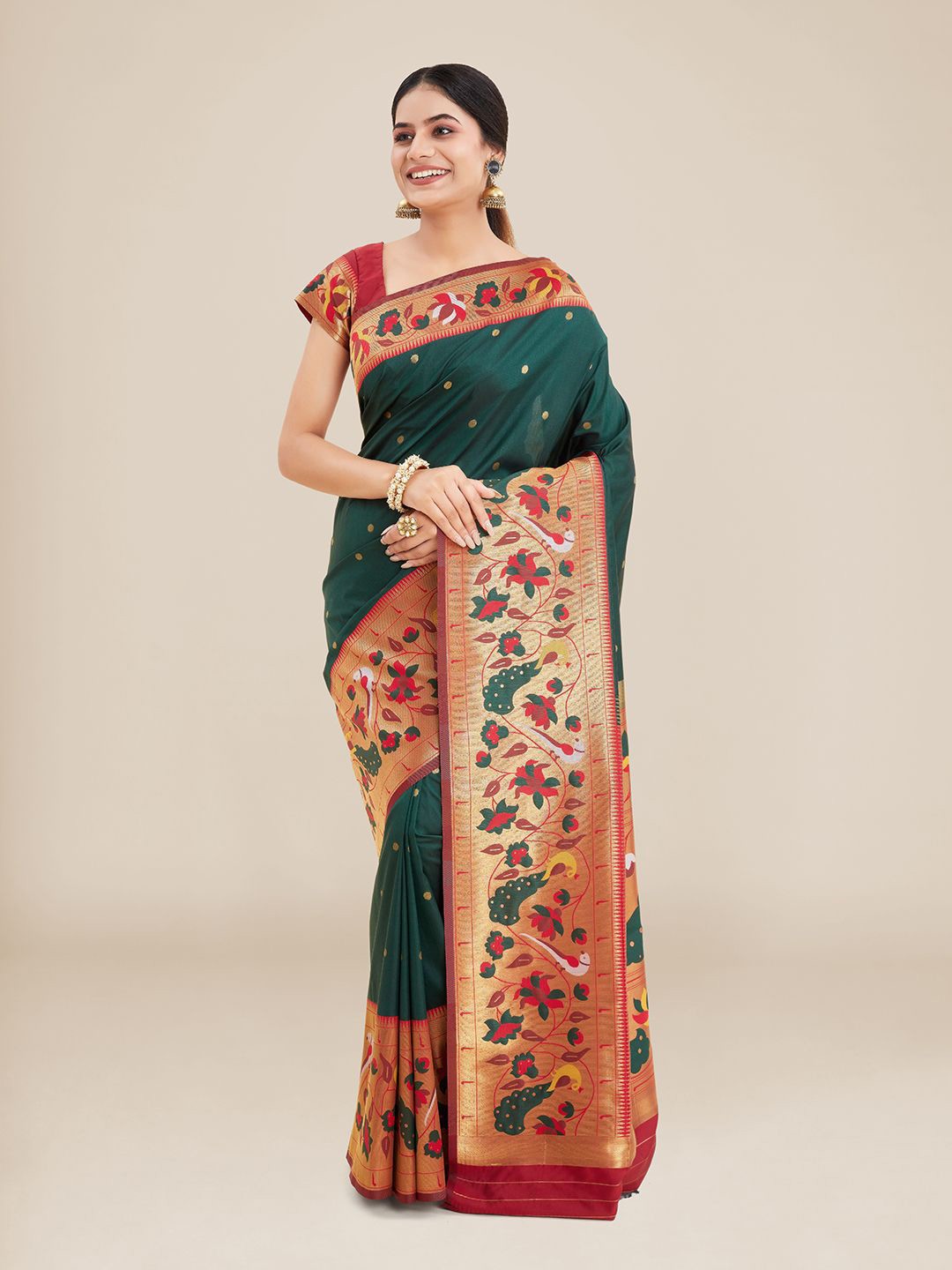

Kalyan Silks Green & Red Ethnic Motifs Pure Silk Saree