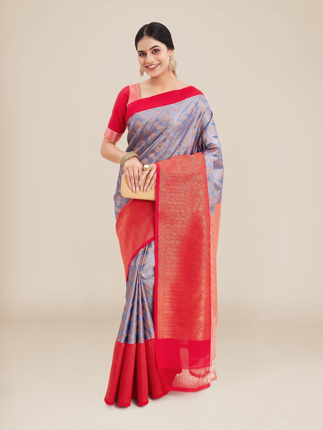 

Kalyan Silks Blue & Red Woven Design Zari Silk Blend Kanjeevaram Saree