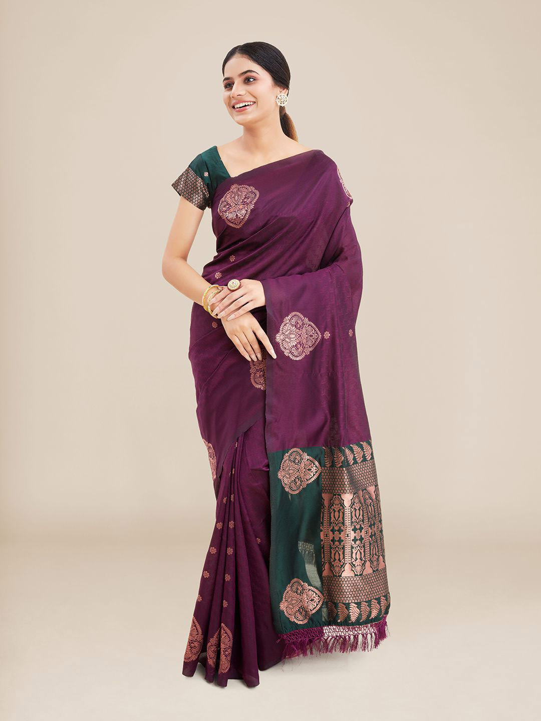 

Kalyan Silks Purple & Gold-Toned Woven Design Zari Banarasi Saree