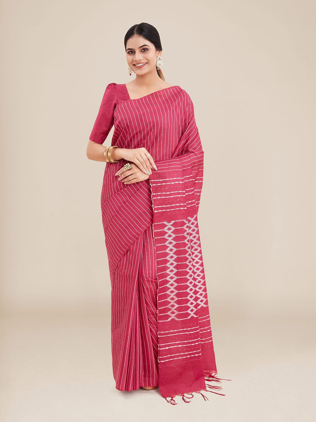 

Kalyan Silks Pink & White Striped Silk Blend Saree