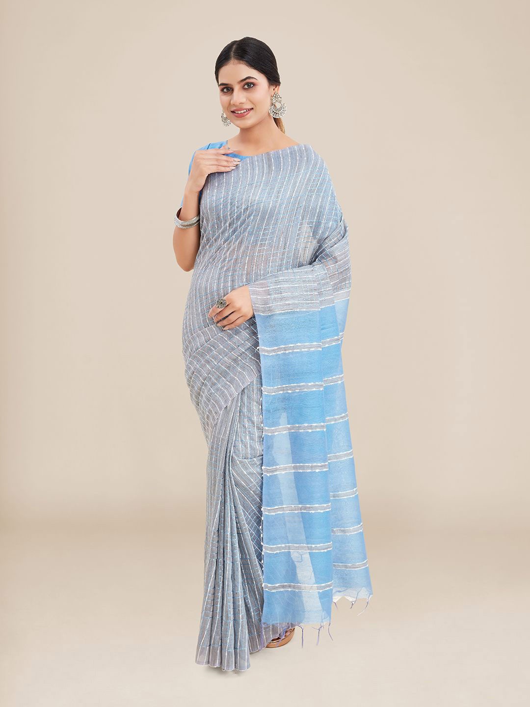 

Kalyan Silks Grey & Blue Woven Design Jute Silk Tussar Saree