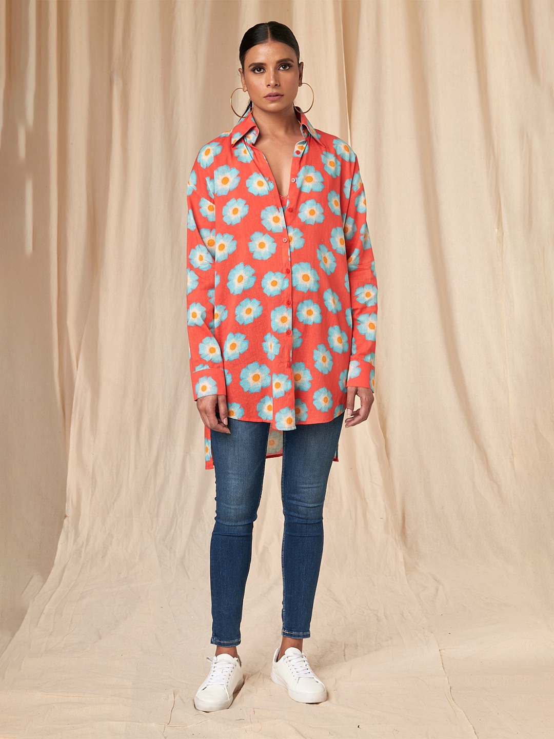 

Masaba Printed Spread Collar Comfort Opaque Longline Casual Shirt, Coral