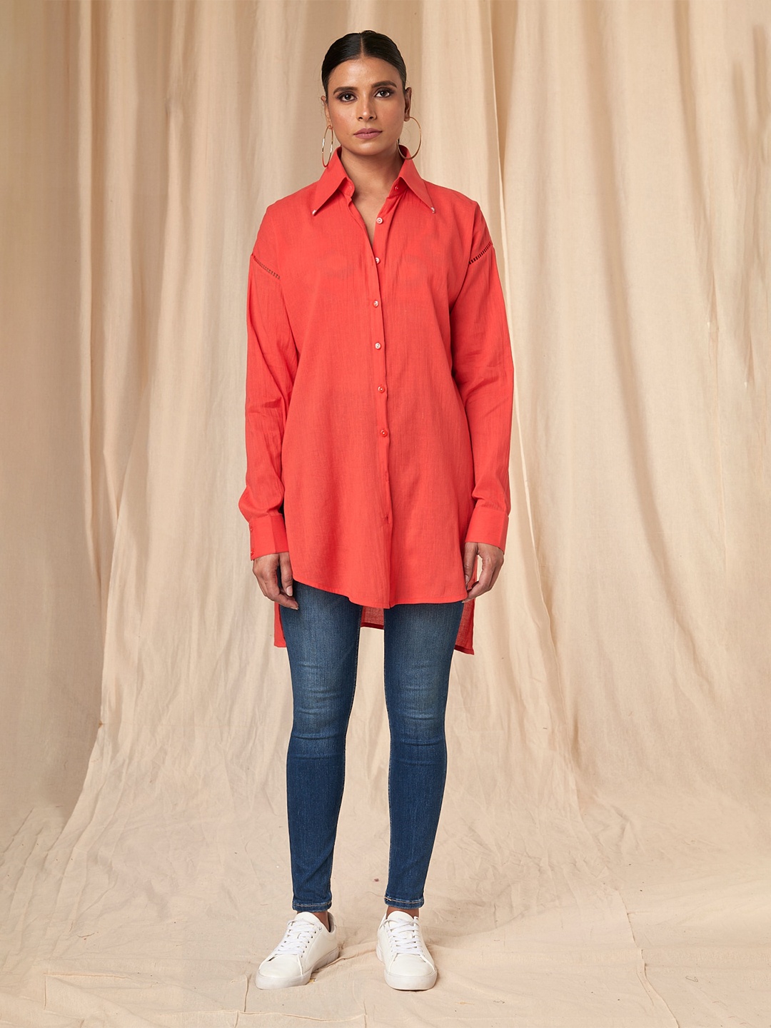 

Masaba Spread Collar Comfort Opaque Longline Casual Shirt, Coral