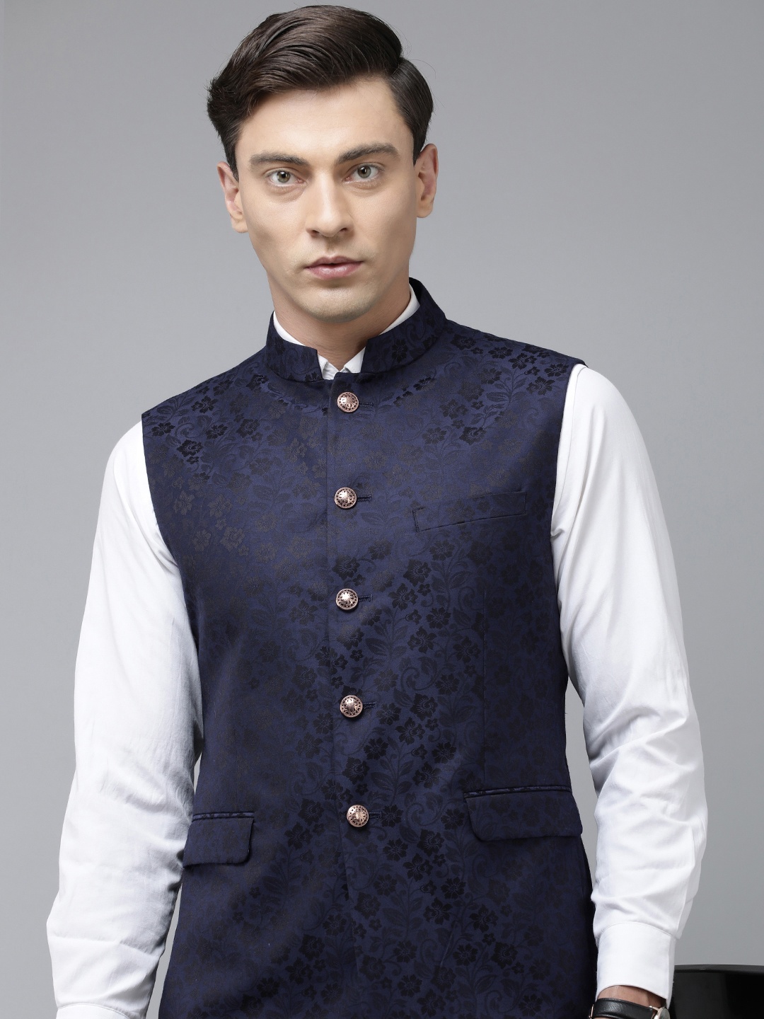 

V Dot Men Floral Woven Design Nehru Jacket, Navy blue