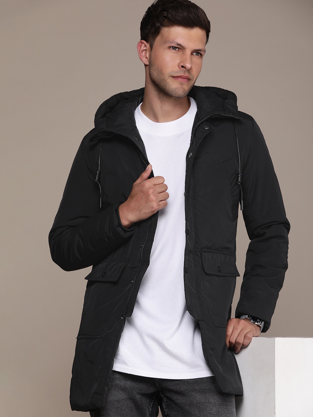 

French Connection Solid Hooded Padded Jacket, Black