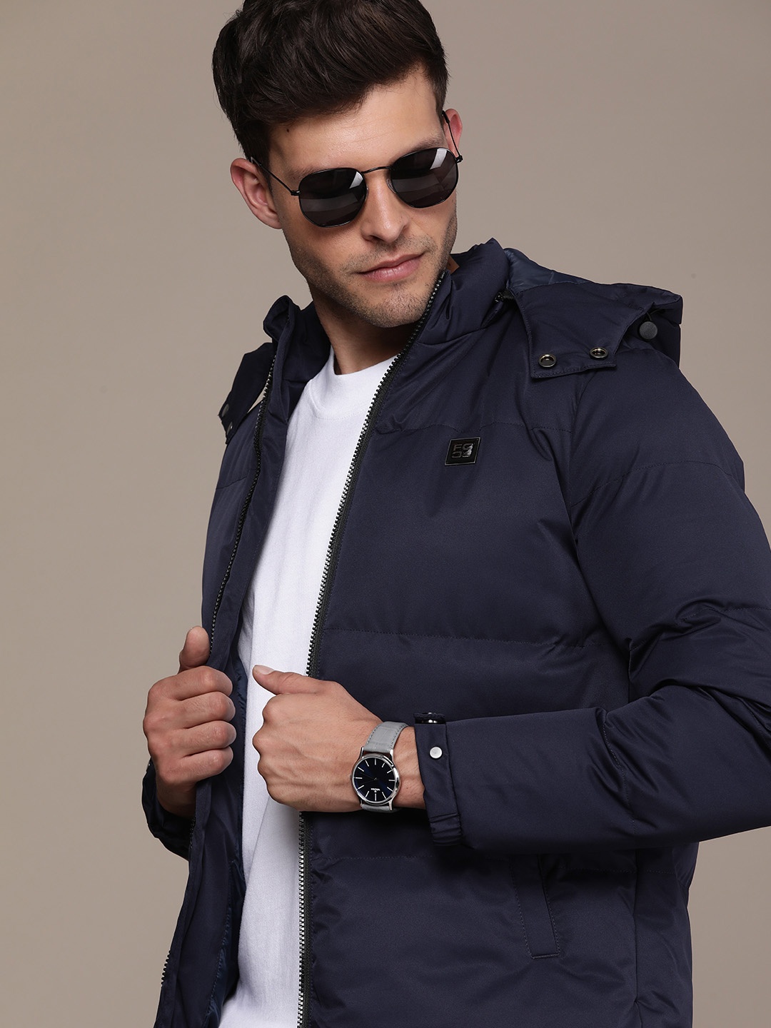 

French Connection Solid Hooded Padded Jacket, Navy blue