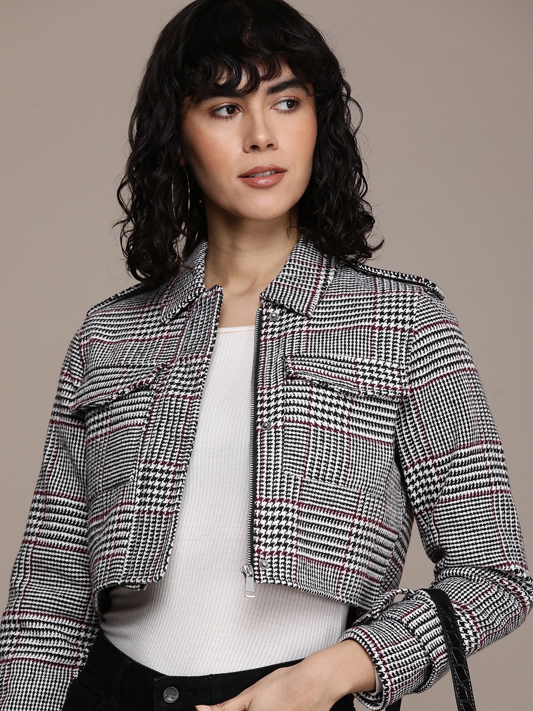 

French Connection Checked Crop Tailored Jacket, Black