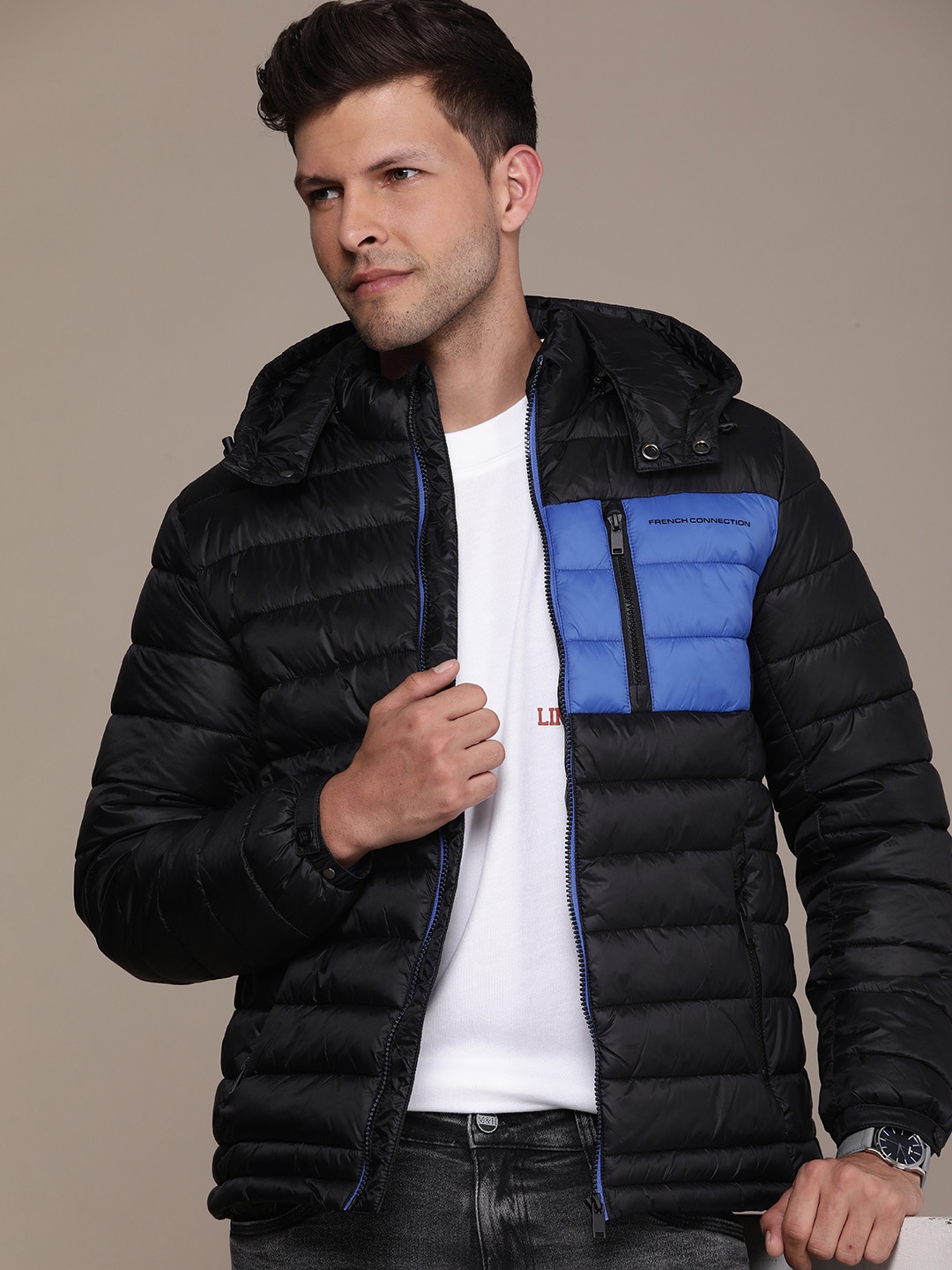 

French Connection Colourblocked Hooded Puffer Jacket, Black