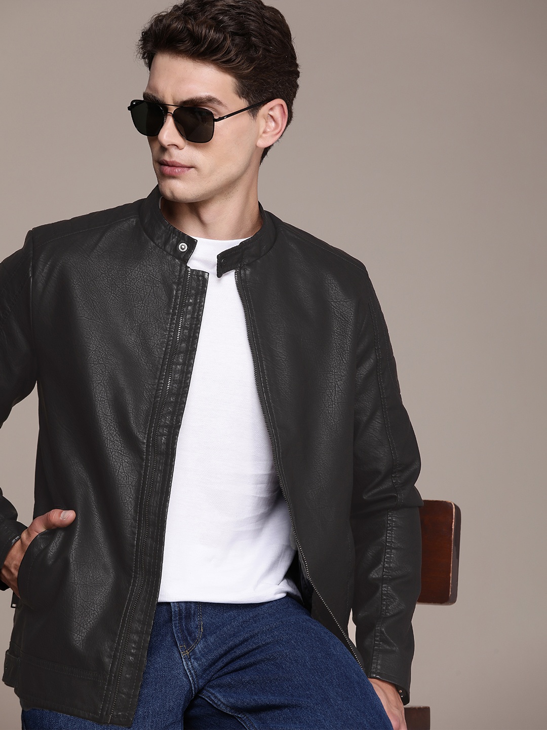 

French Connection Solid Stand-Collar Leather Jacket, Black