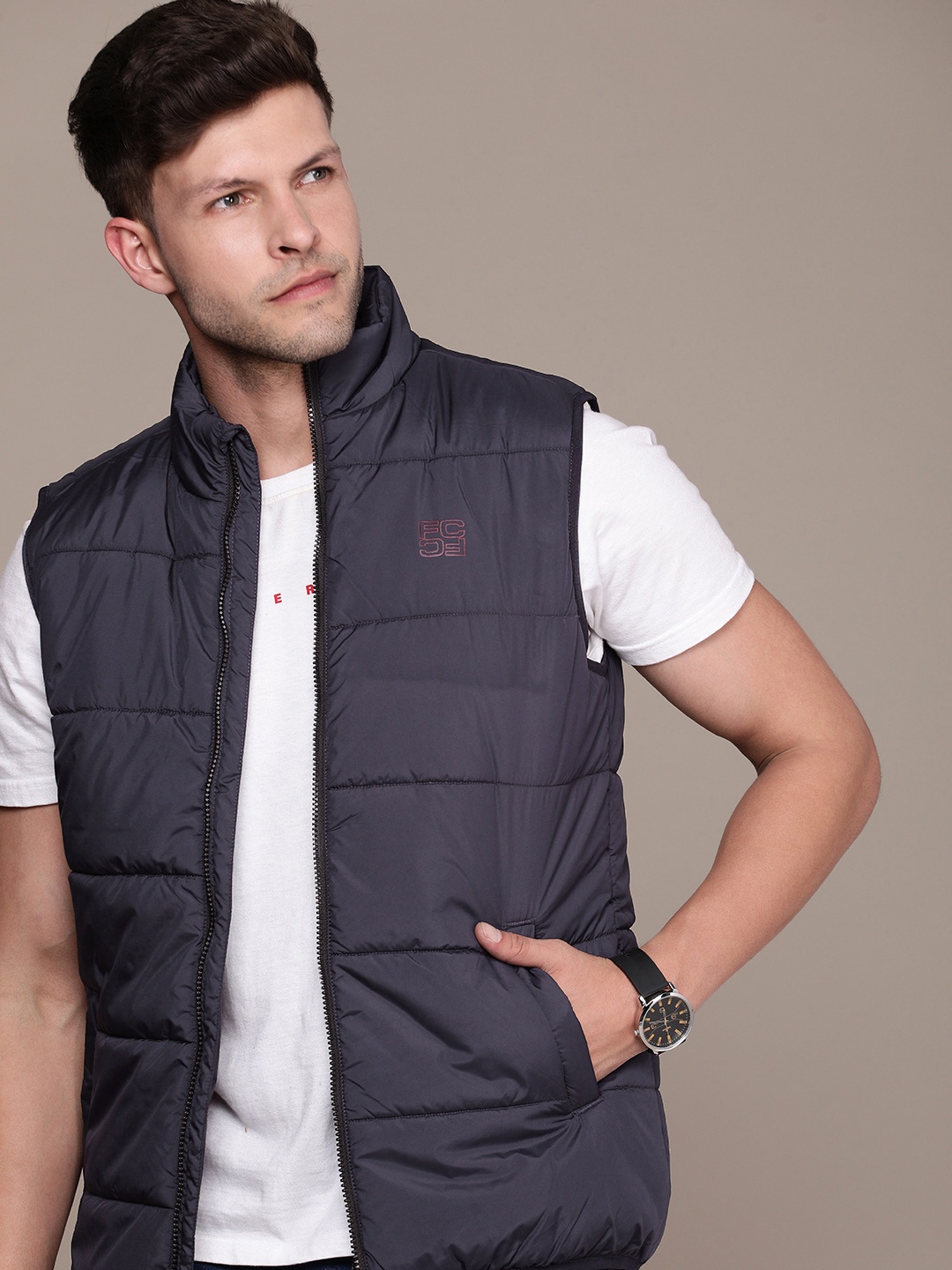 

French Connection Solid Sleeveless Padded Jacket, Navy blue