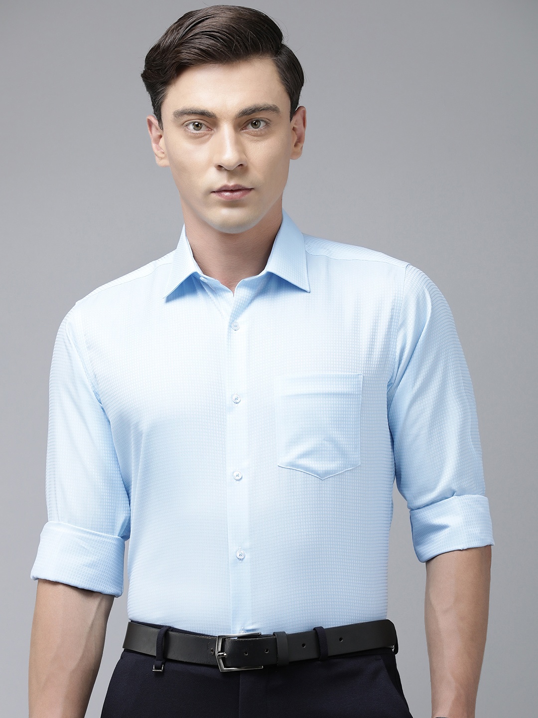 

Van Heusen Men Pure Cotton Micro Checks Opaque Printed Formal Shirt, Blue