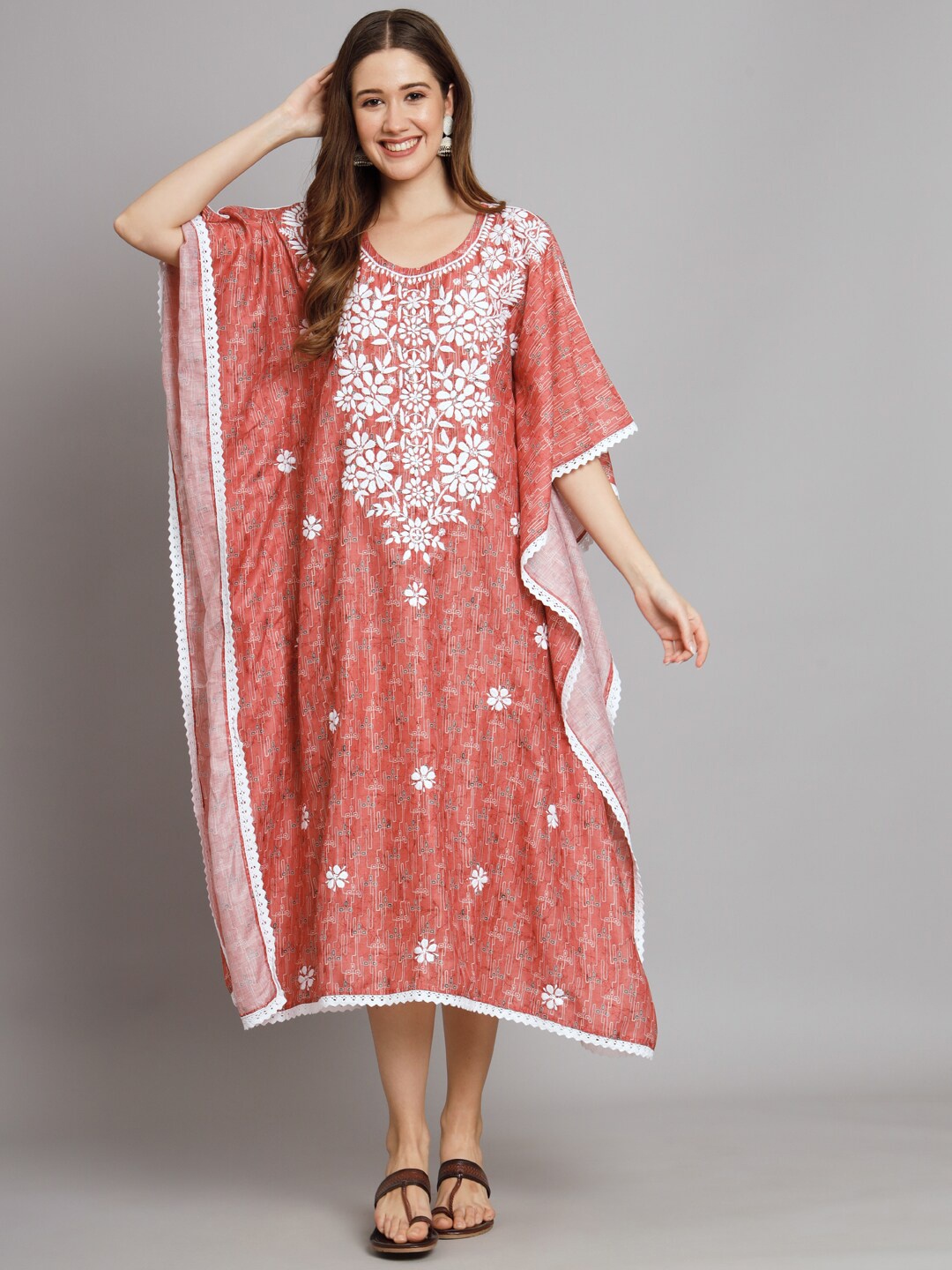 

PARAMOUNT CHIKAN Women Embroidered Lucknowi Chikankari Cotton Ethnic Dress, Peach
