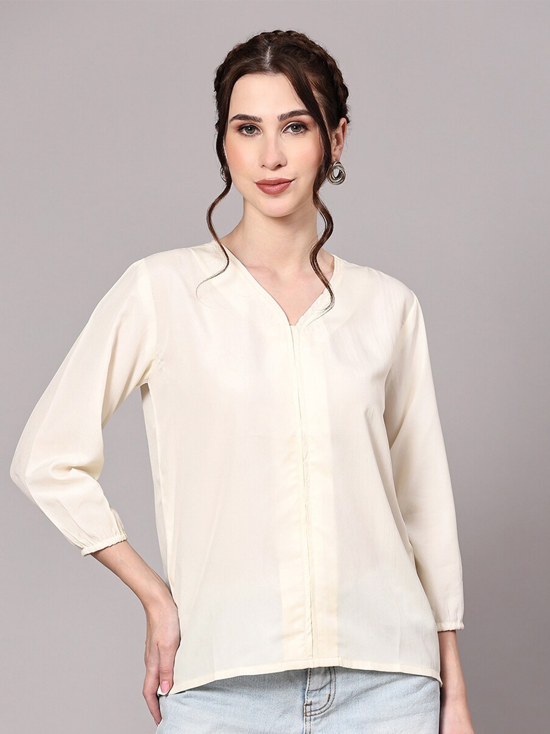 

V TRADITION V-Neck Three-Quarter Sleeves Regular Top, White