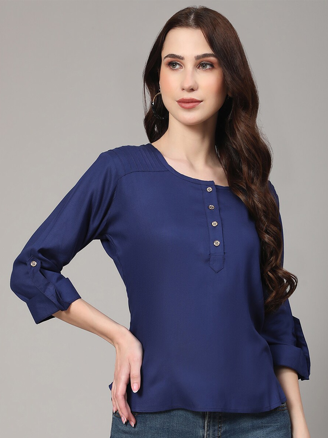 

V TRADITION Roll-Up Sleeves Regular Top, Blue