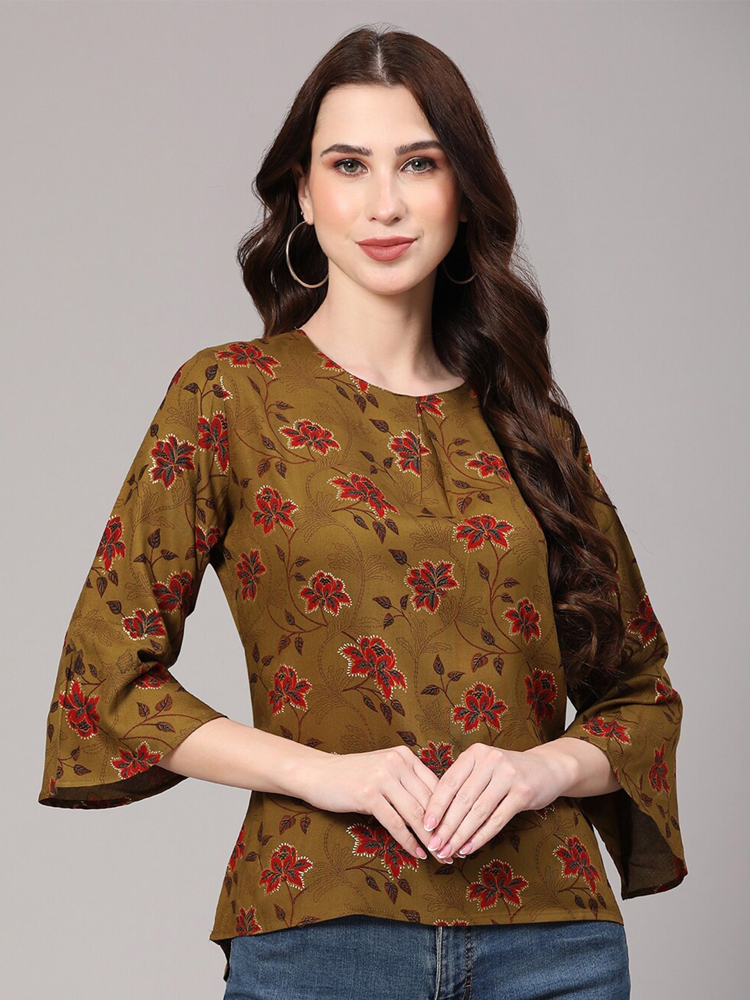 

V TRADITION Floral Printed Flared Sleeves Regular Top, Brown