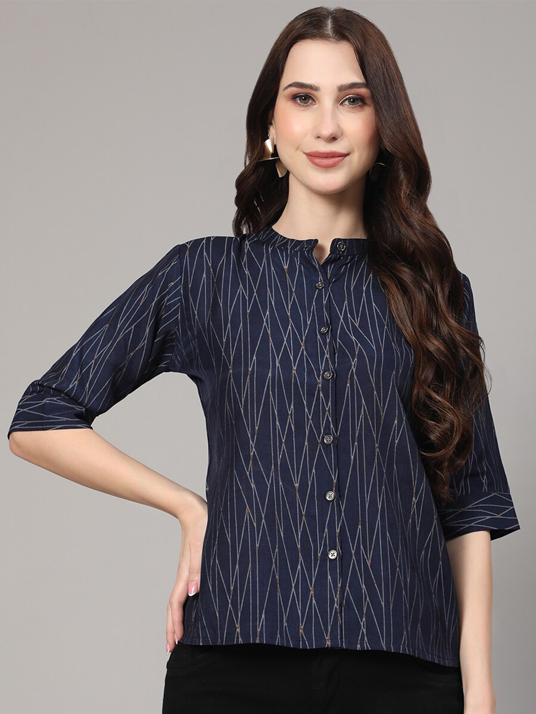 

V TRADITION Abstract Printed Mandarin Collar Shirt Style Top, Navy blue