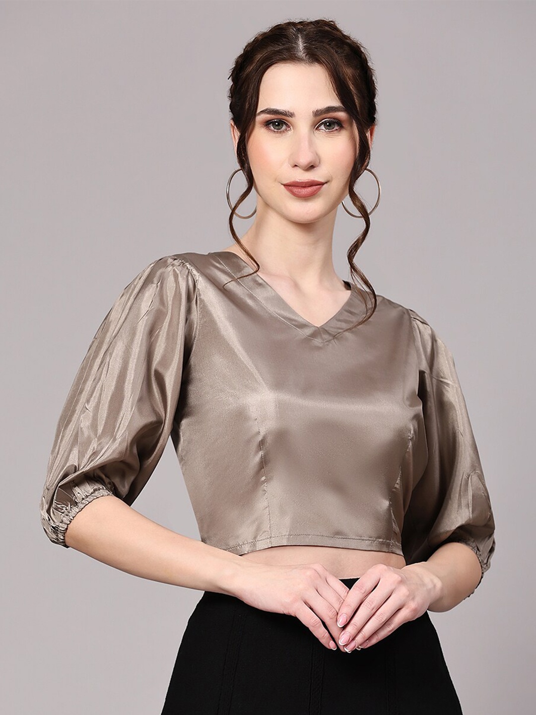 

V TRADITION V-Neck Puff Sleeve Top, Brown