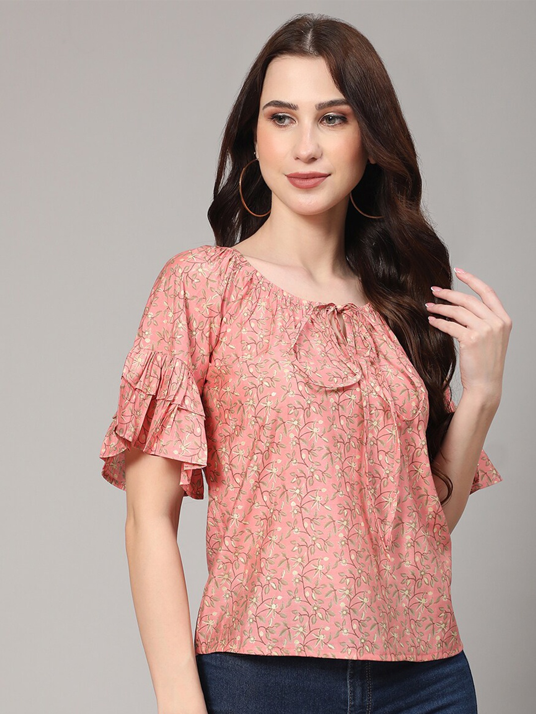

V TRADITION Floral Printed Tie-Up Neck Flared Sleeves Regular Top, Pink